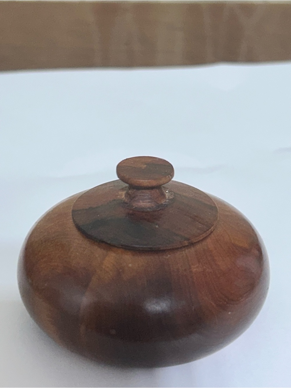Hand Crafted Brown Wood Round Lidded Trinket Box